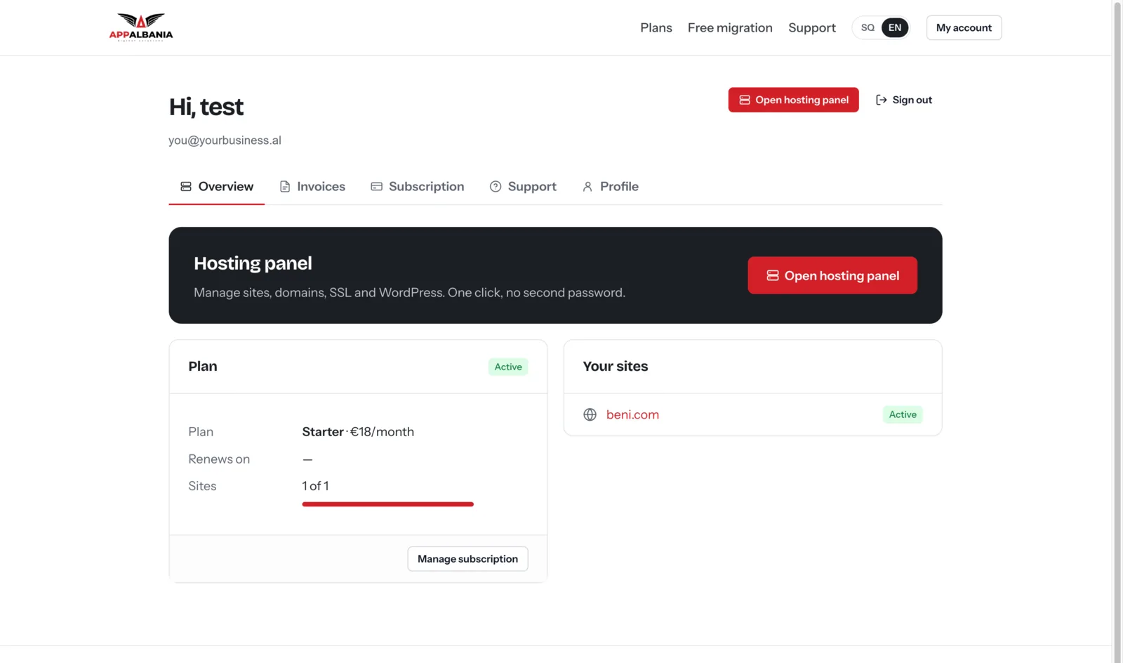 Customer account with the Open hosting panel button