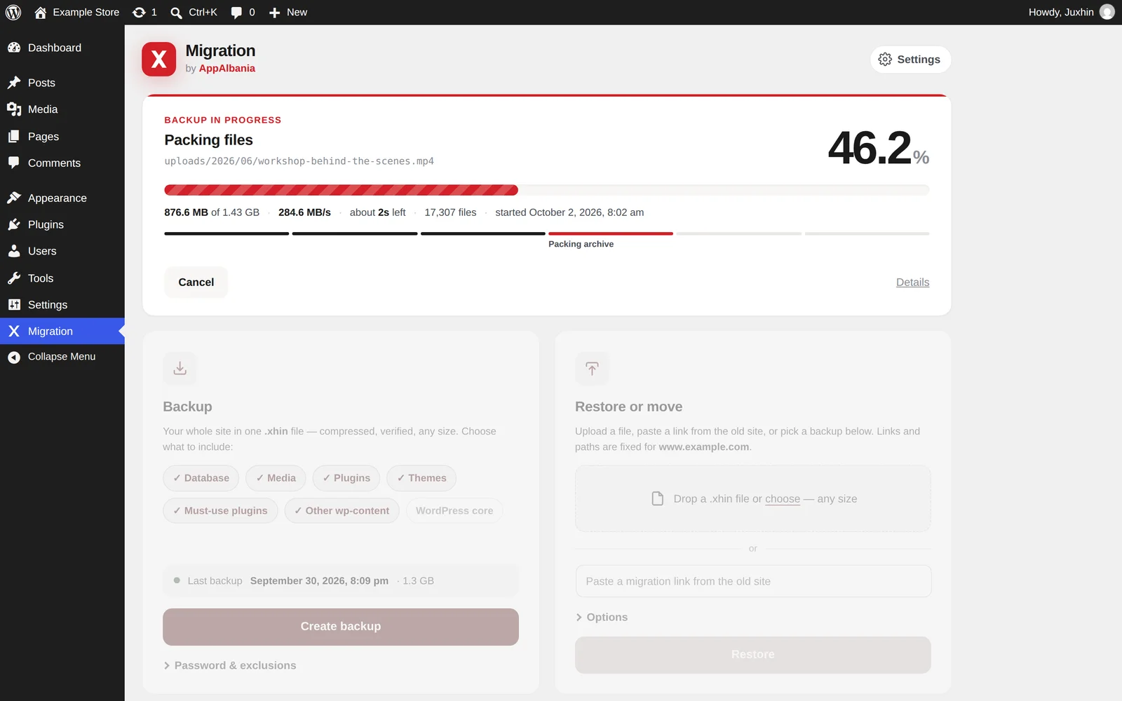 Backup in progress with percentage, speed and time left