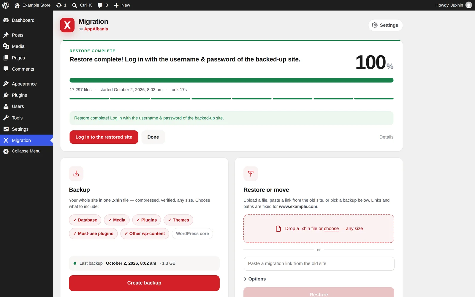 Restore complete with the Log in to the restored site button
