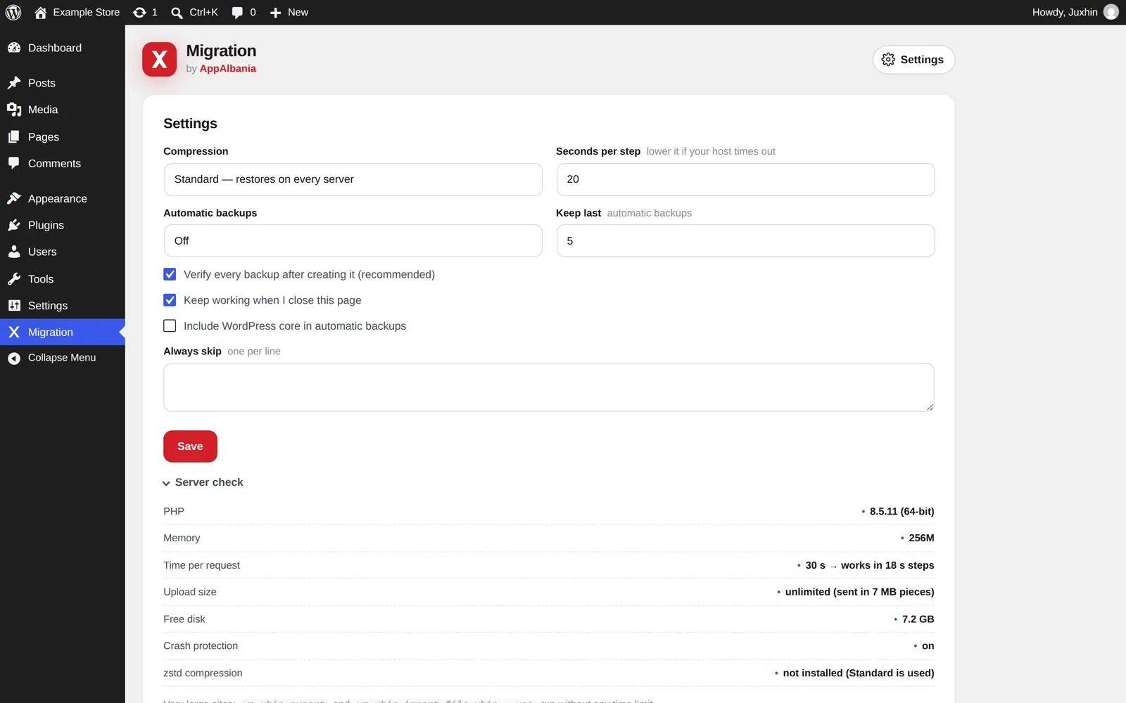 Plugin settings and server check