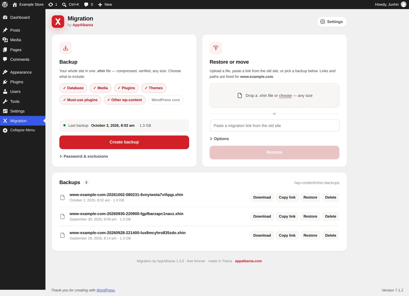 Migration by AppAlbania plugin: backup, restore or move a WordPress site