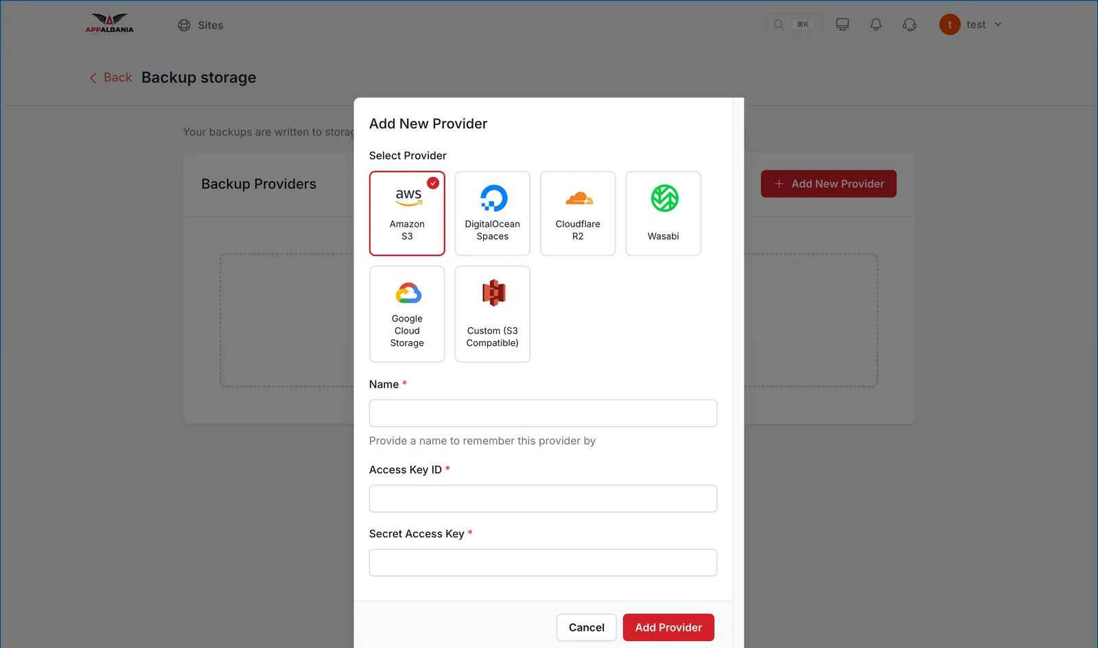 Add New Provider form with the list of storage services