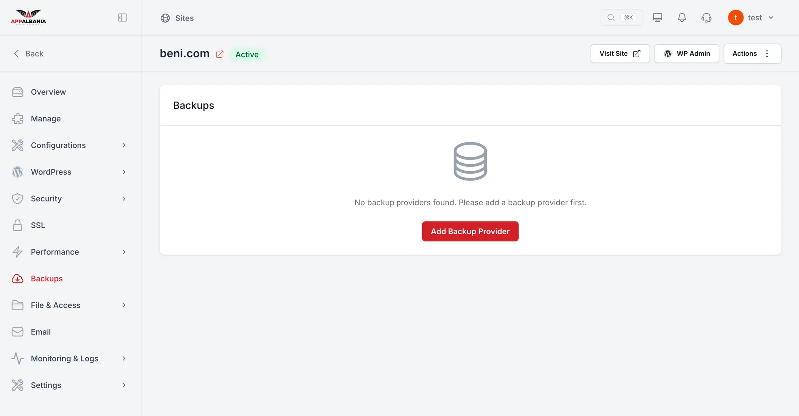 The Backups page of a site in the hosting panel