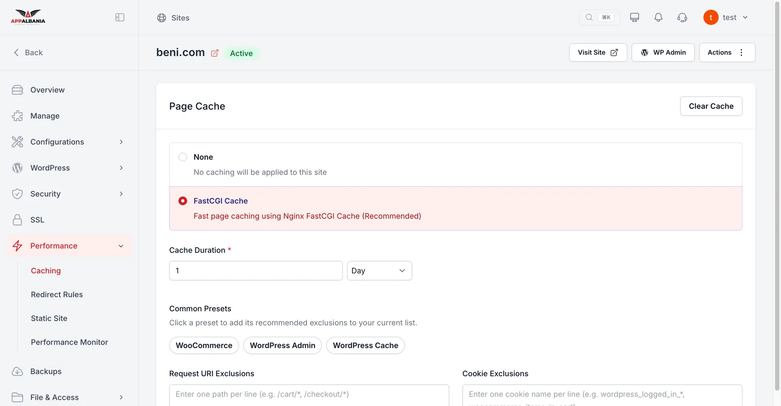 AppAlbania Host panel Performance Caching screen with FastCGI Cache and exclusion presets