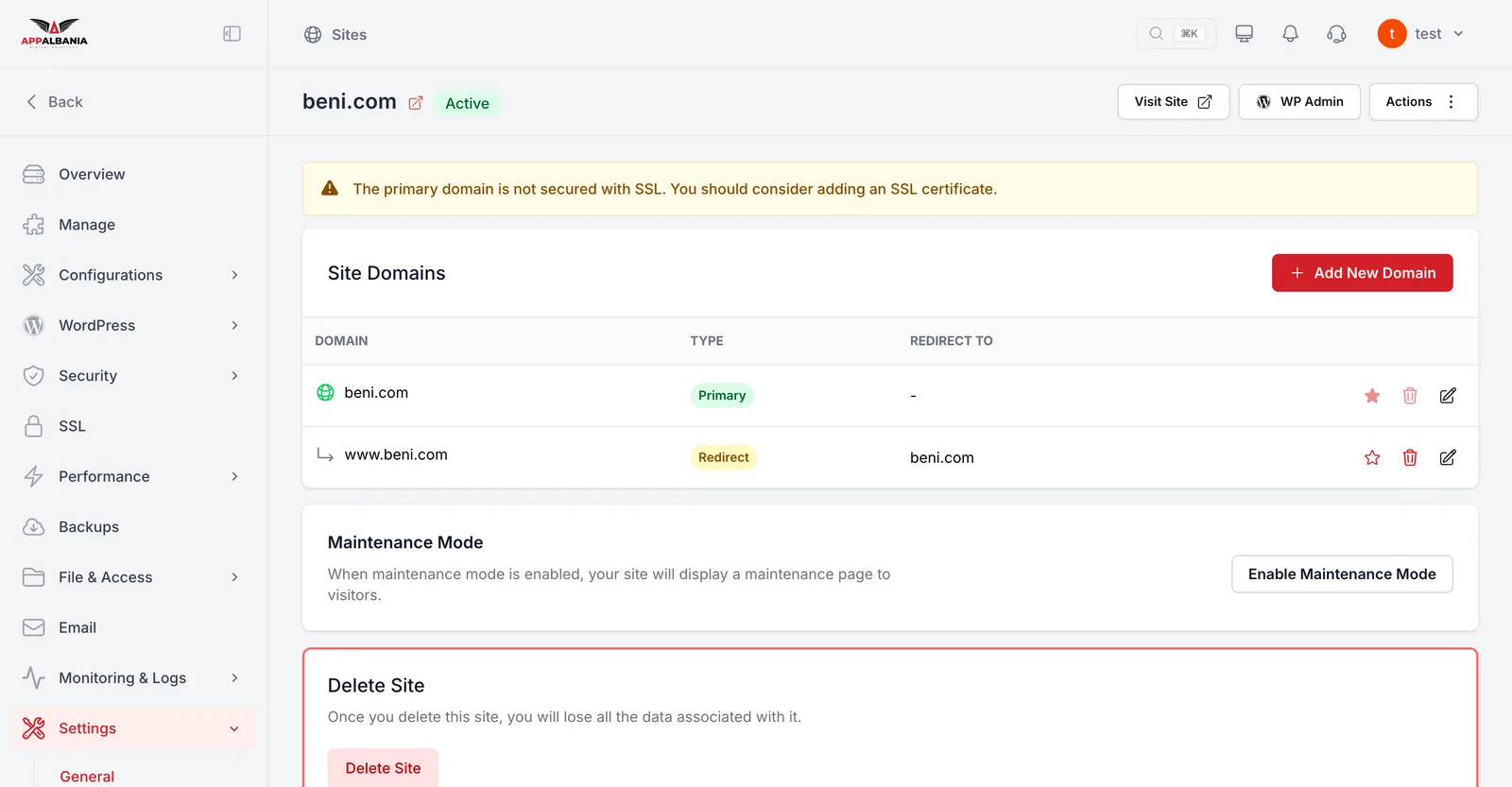 The Site Domains section under Settings in the panel