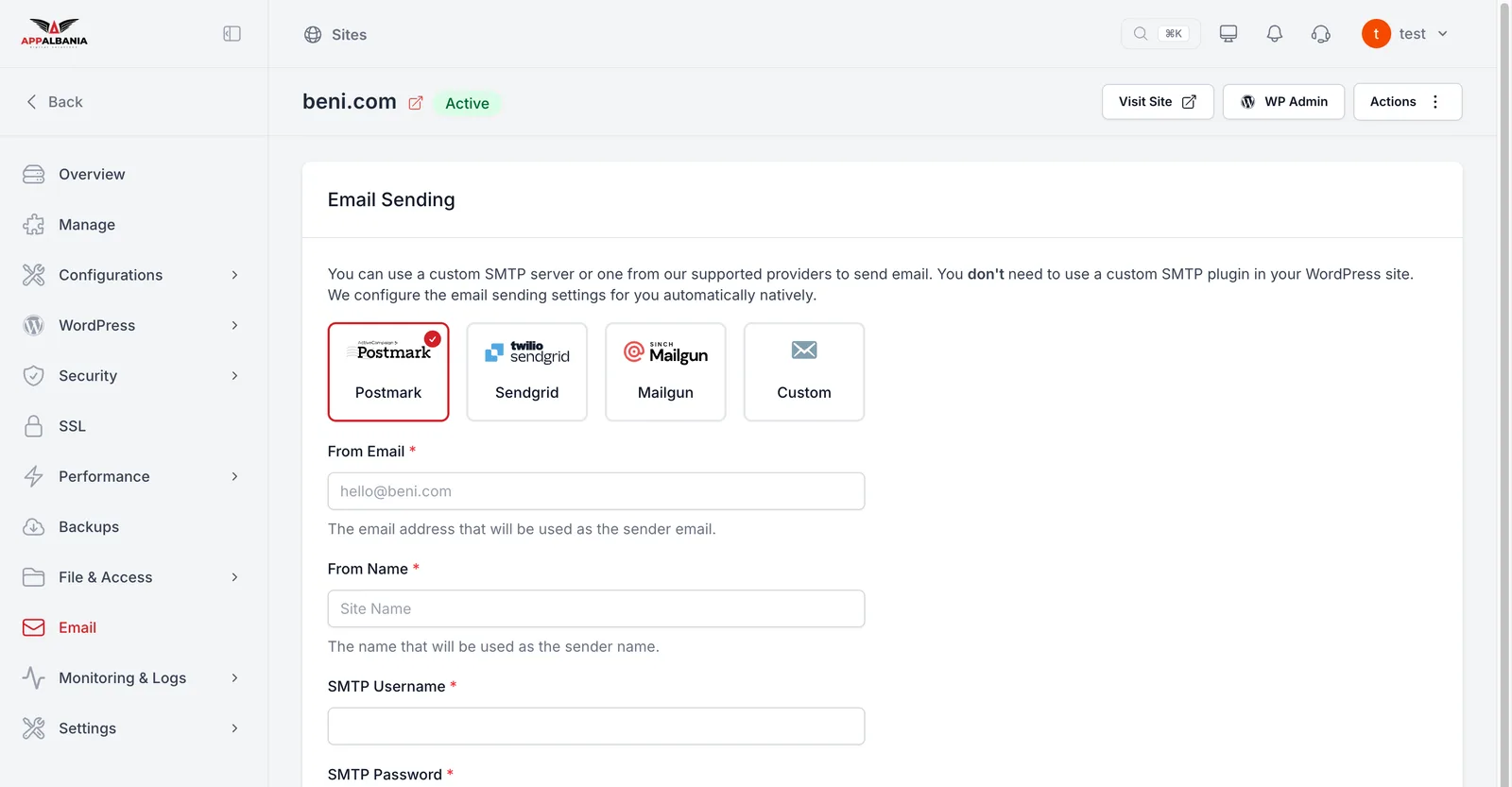 The Email Sending section in the hosting panel with Postmark, Sendgrid, Mailgun and Custom providers