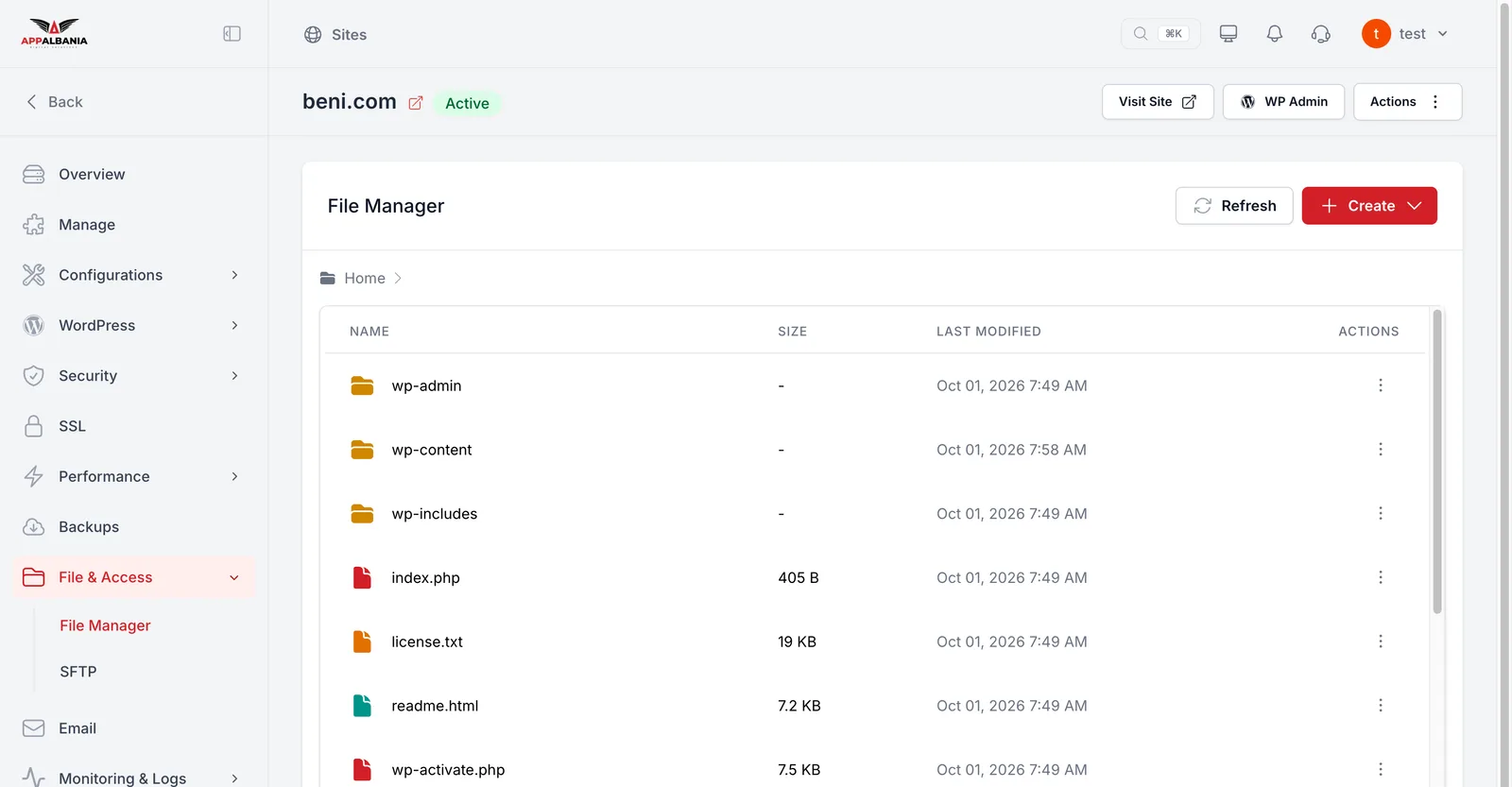 File Manager in the hosting panel showing the WordPress folders