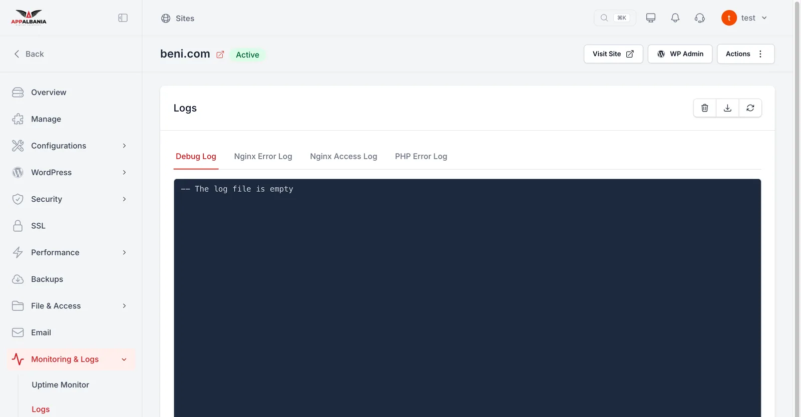 The Logs page with Debug Log, Nginx Error Log, Nginx Access Log and PHP Error Log tabs