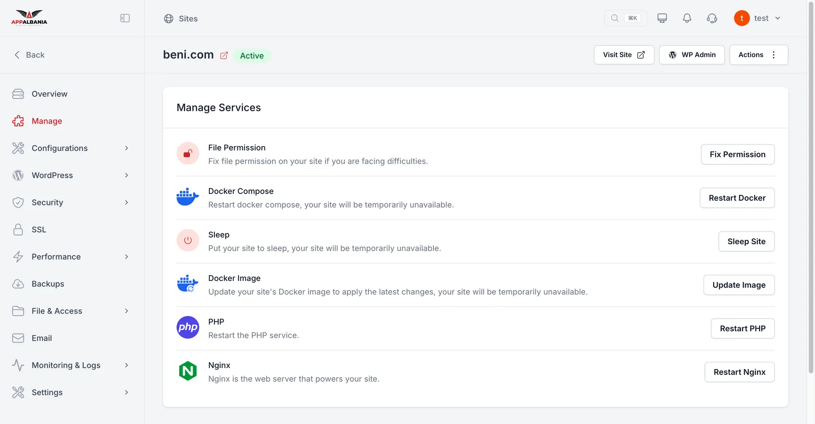 The Manage Services section with Fix Permission, Restart PHP and Restart Nginx buttons
