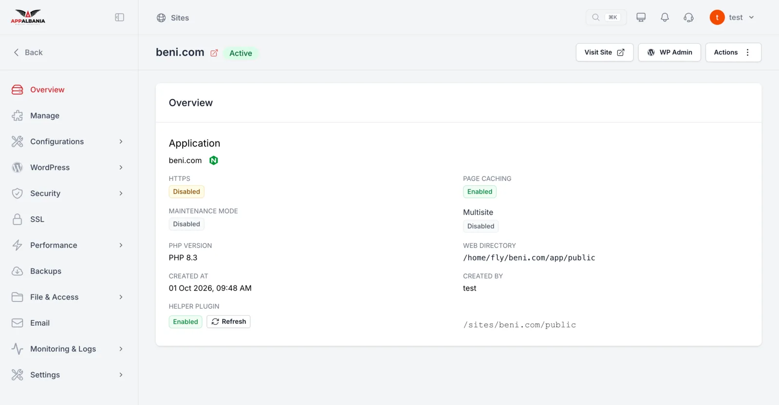 The Overview page in the AppAlbania Host panel showing the site's HTTPS status