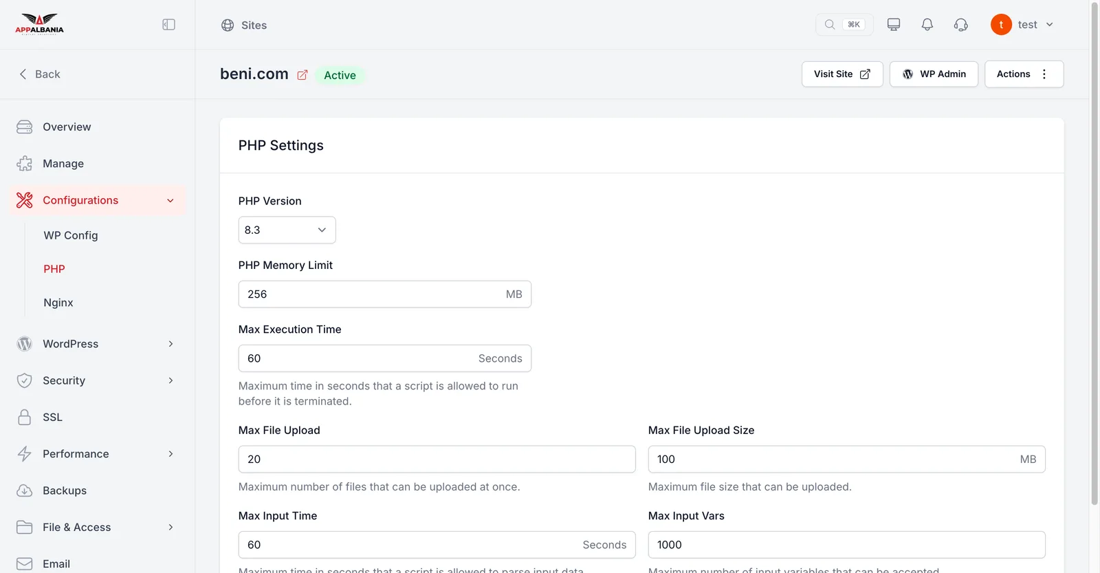PHP settings in the panel: version, memory limit, upload size and OPcache