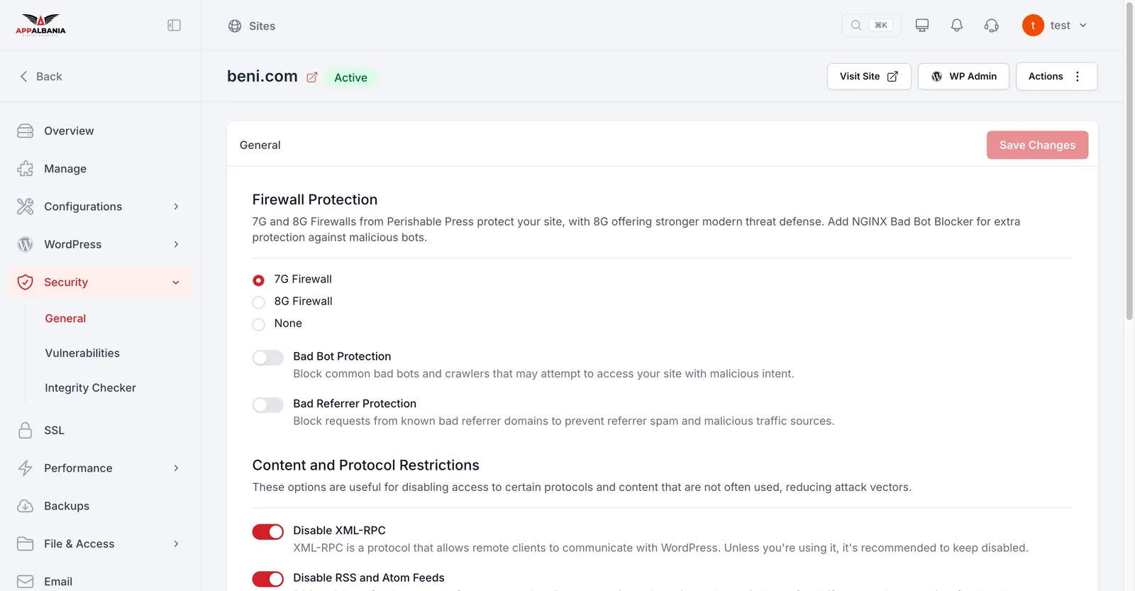 Security settings in the AppAlbania Host panel with 7G and 8G firewall and WordPress protections