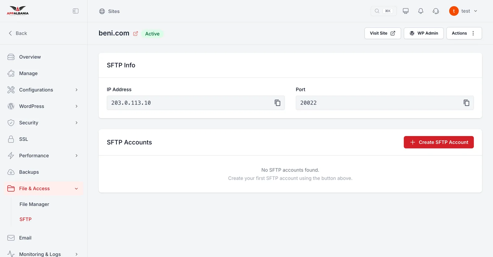 SFTP page with SFTP Info and the list of SFTP accounts