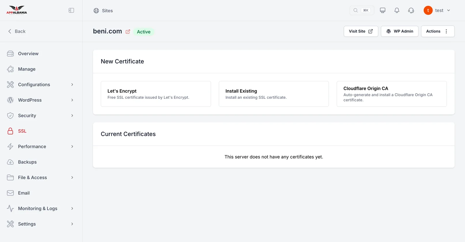 The SSL page in the panel with the Let's Encrypt, Install Existing and Cloudflare Origin CA options