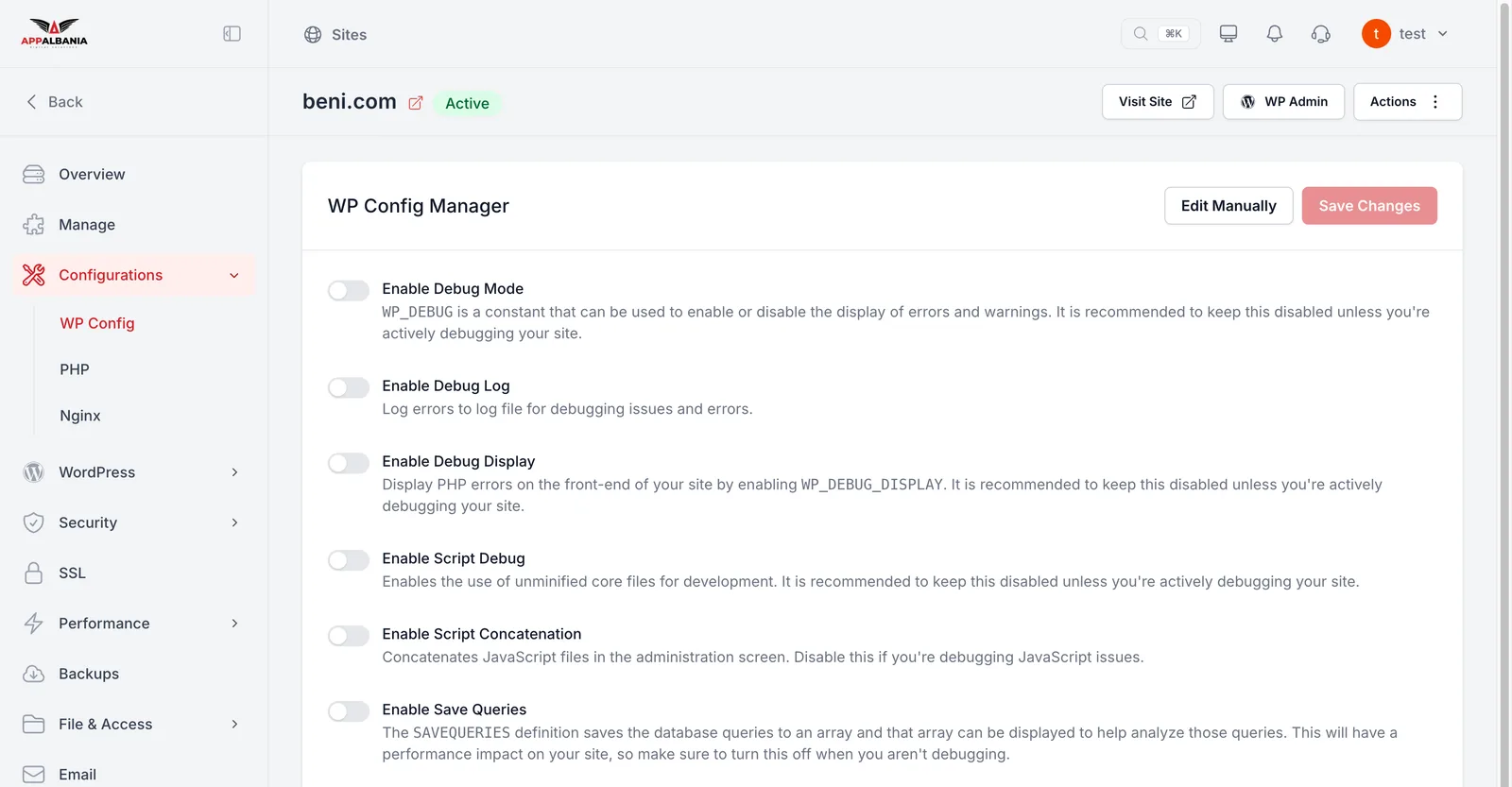 WP Config Manager with debug mode switches and automatic core update options